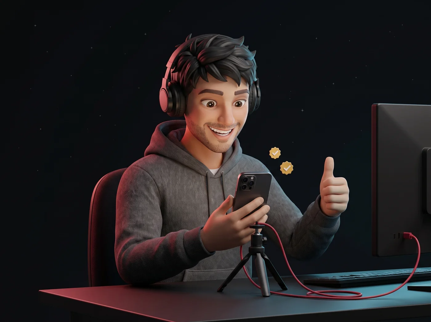 3D scene: a streamer gives a thumbs up at his desk, phone on a tripod connected to the monitor